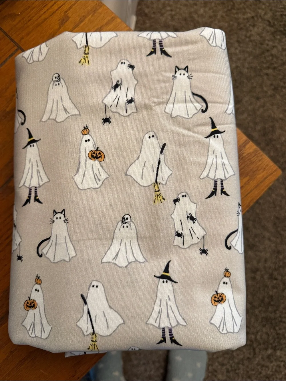 Light Taupe Cat, witch, ghost Pattern Cotton table cloth- 60x120